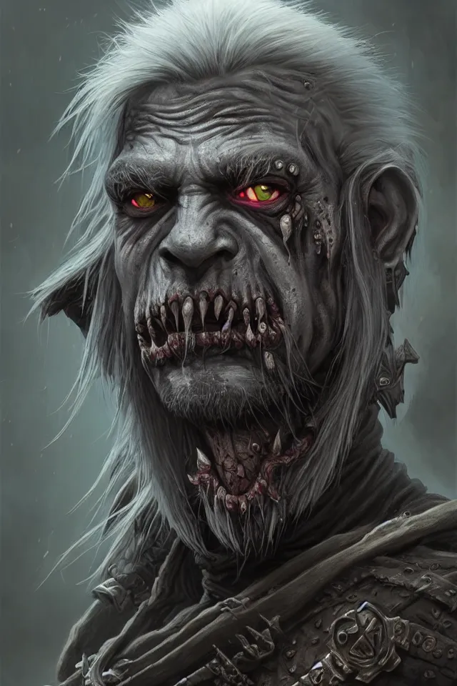 Image similar to portrait of an undead gray nomadic orc, looking at camera, d & d, savage warrior, black leather attire, aztec hair, large noses, intricate, fantasy, extremely detailed, digital painting, artstation, concept art, smooth, sharp focus, illustration, ambient lighting, art by artgerm and greg rutkowski and alphonse mucha and simon stalenhag