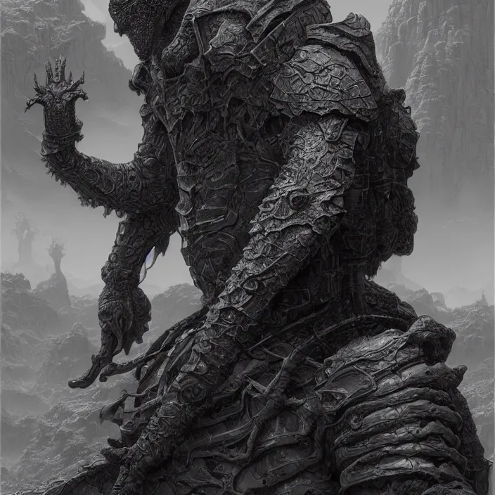 Image similar to a vertical portrait of a character in a scenic environment by wayne barlowe, black and white, dreamy, armor, highly detailed, 3 d render, vray, octane, realistic lighting