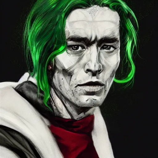 Prompt: peter o'toole, messy green hair, white face, red lips, portrait, realistic, concept art, lee bermejo, influenced by lawrence of arabia