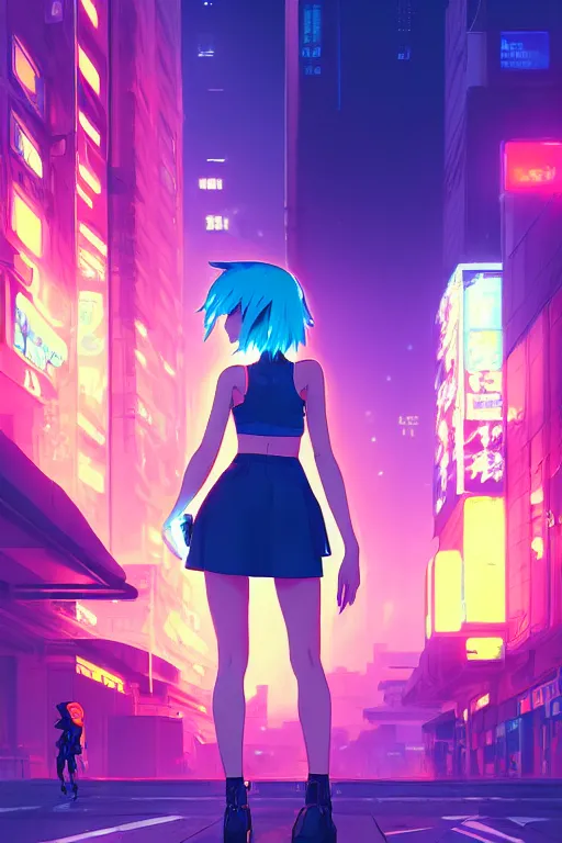 Image similar to digital illustration of cyberpunk pretty girl with blue hair, wearing a short mini skirt and tank top, with a cyberpunk dragon in city street at night, by makoto shinkai, ilya kuvshinov, lois van baarle, rossdraws, basquiat