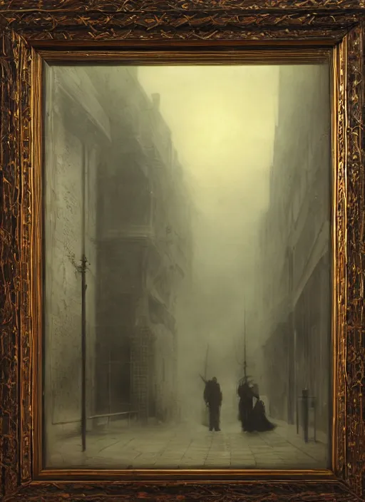 Image similar to 1 9 th century london, shady alleys, pub, thick fog, coherent composition, art by caspar david friedrich, thomas lawrence, john martin