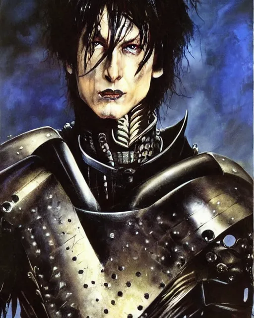 Image similar to portrait of a skinny goth punk keany reeves wearing armor by simon bisley, john blance, frank frazetta