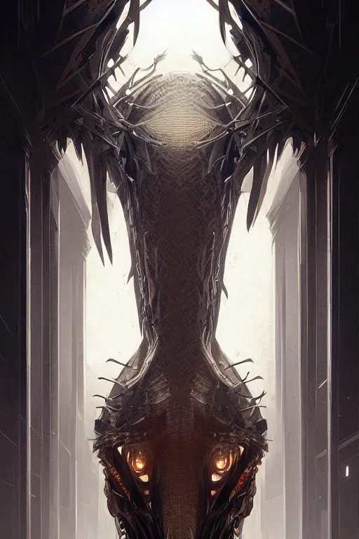 Image similar to professional concept art symmetrical portrait of a horrendous mechanical predatory fractal! species in a dark room by artgerm and greg rutkowski. an intricate, elegant, highly detailed digital painting, concept art, smooth, sharp focus, illustration, in the style of cam sykes.