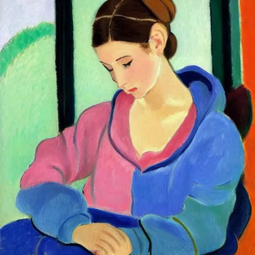 Image similar to early morning. a young woman wearing a cozy hoodie, with double buns hairstyle is texting on her smartphone. sunlight is entering through the window and beautifully lighting the face. depth of field, backlit, closeup, oil on canvas, art by henri matisse 1 9 4 4, in the style of dance by henri marisse, 1 9 1 0, smooth, fauvism, 2 k