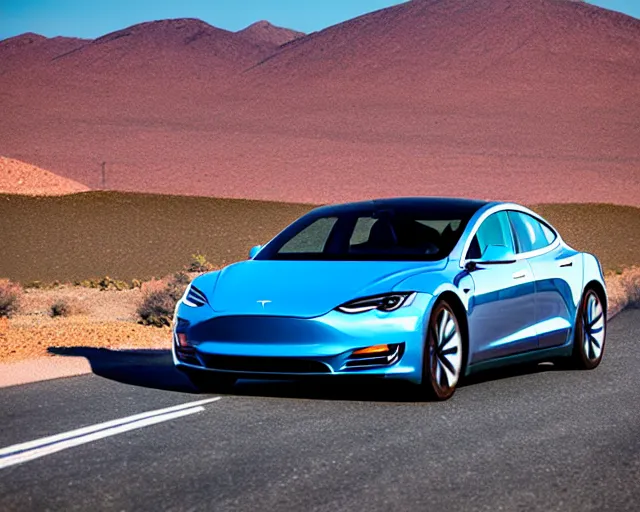 Prompt: a blue tesla driving across a road in the mojave desert, golden hour