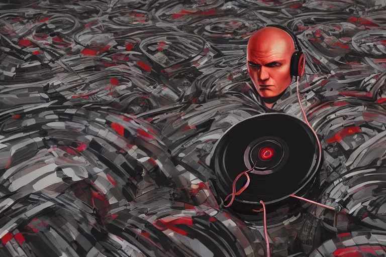 Prompt: an expressive portrait of agent 4 7 wearing headphones and laying on a floor of vinyl records, dark background, red rim light, digital art, artstation, concept art by giger stalenhag