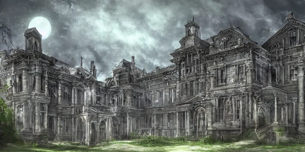 Prompt: Lunatic Asylum, exterior, majestic, detailed, epic scenery, dark fantasy, concept art