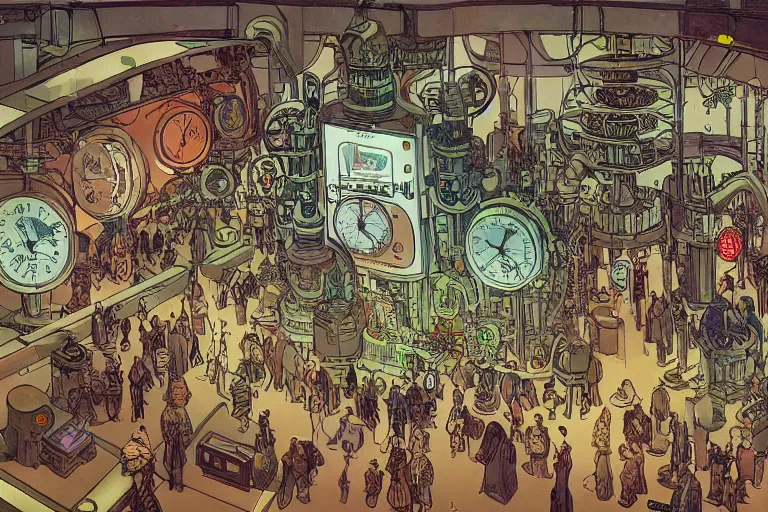 Image similar to top view on steampunk lab with big vapor tubes and alchemy equipment, kid and mad scientist working, giant video screens, sci - fi vending machine, clock, retrofuturism, concept art by mucha and moebius and victo ngai, clean line, diesel punk