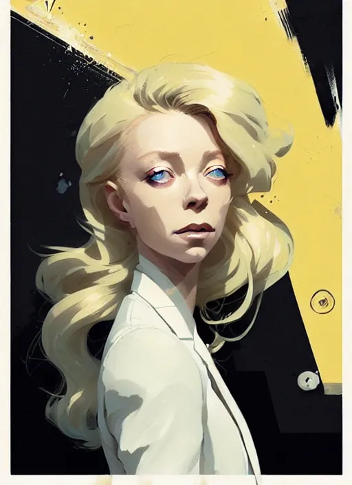 Image similar to highly detailed closeup portrait of beautiful portia doubleday, blonde wavy hair, angela moss, white suit by atey ghailan, by greg rutkowski, by greg tocchini, by james gilleard, by joe fenton, by kaethe butcher, gradient yellow, black and white color scheme, grunge aesthetic!!! ( ( graffiti tag wall background ) )