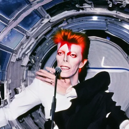 Prompt: david bowie performing on top of a spaceship in space