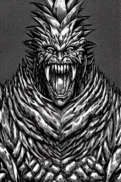 Image similar to screeching pineapple humanoid figure monster wearing themed armour, symmetrical, highly detailed, digital art, sharp focus, trending on art station, kentaro miura manga art style