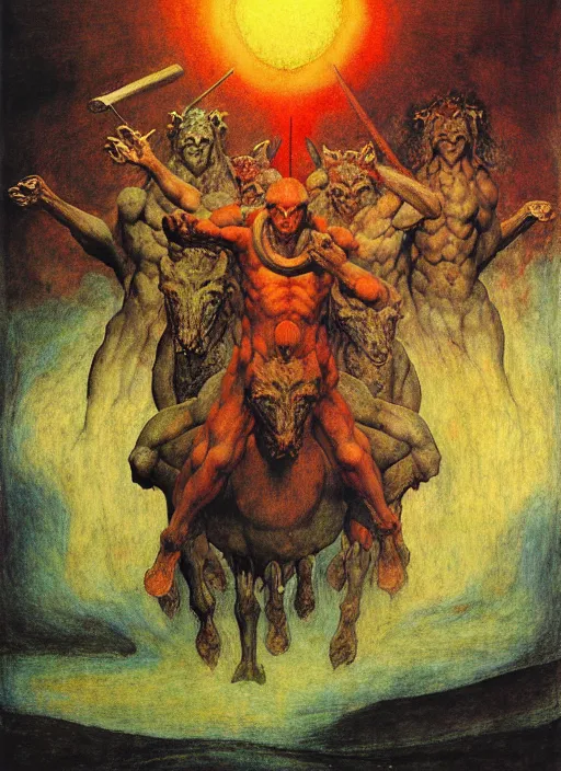 Prompt: four horsemen of apocalypse, psx game graphics , painting by Beksinski and Moebius and Takato Yamamoto, by William Blake, Austin Osman Spare, high resolution, ultra detailed