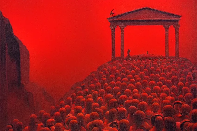 Image similar to only with red, a red great emperor, taormina amphitheatre, expressive crowd hails him, in the style of beksinski, parts by edward hopper, parts by rodcenko, parts by yue minjun, intricate and epic composition, red by caravaggio, insanely quality, highly detailed, masterpiece, red light, artstation, 4 k