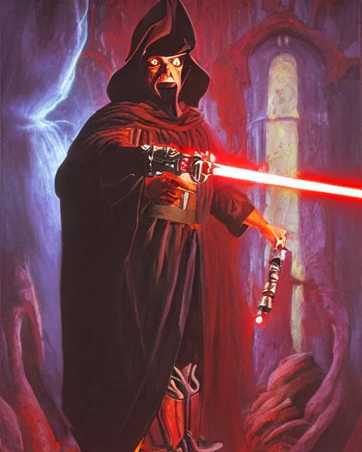 Image similar to portrait of Rosie O’ Donnel with lightsaber as a powerful dungeons and dragons warlock, wearing dark robe, intricately detailed, lovecraftian, realistic, oil painting, by jeff easley, boris vallejo, cinematic lighting