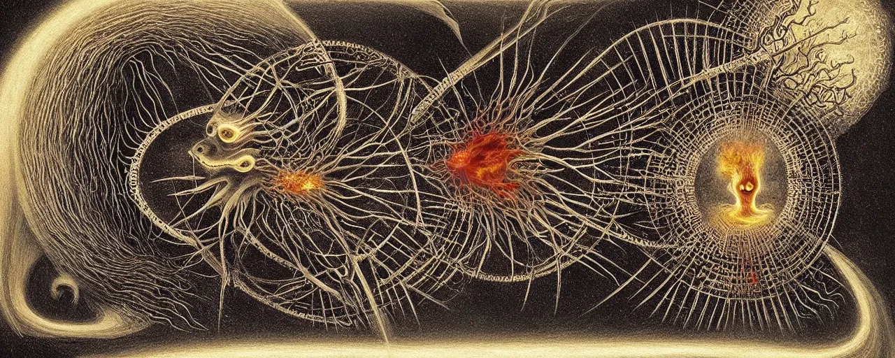 Image similar to a strange fire creature with endearing eyes radiates a unique canto'as above so below'while being ignited by the spirit of haeckel and robert fludd, breakthrough is iminent, glory be to the magic within, in honor of saturn, painted by ronny khalil