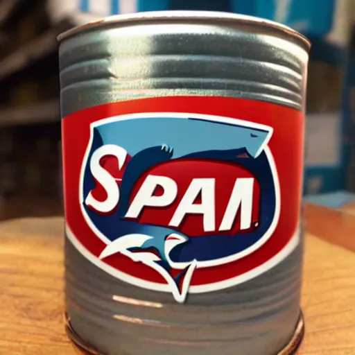 Prompt: Can of Spam with shark logo