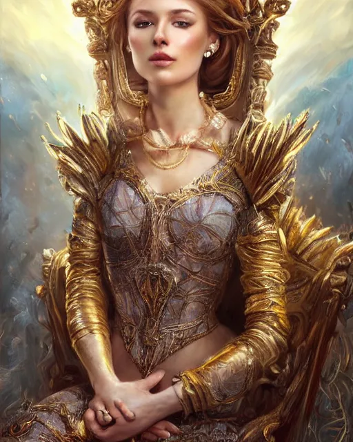 Image similar to a beautiful female queen sitting on a throne, 8 k, beautiful face and windy hair, hyperrealistic, hyperdetailed, fantasy portrait by laura sava