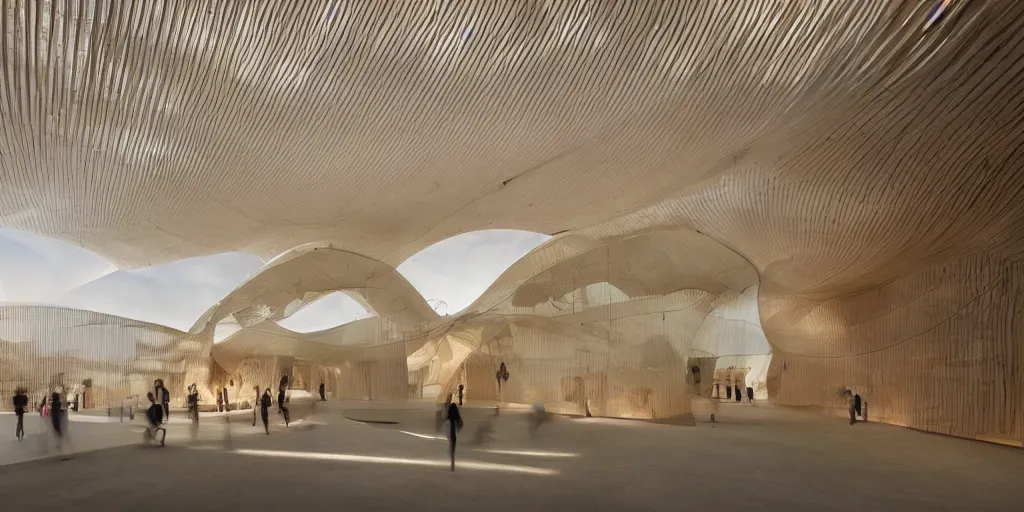 Image similar to a beautiful futuristic museum made out of translucent wood