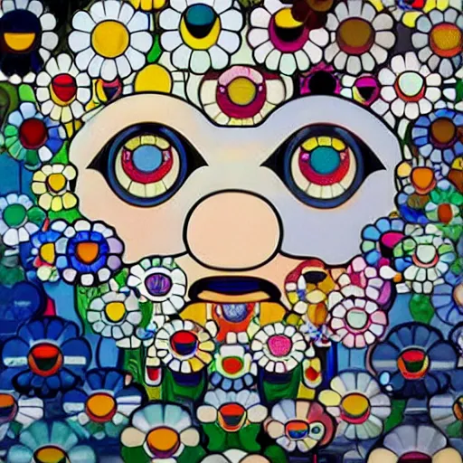 Image similar to melancholic by takashi murakami. the illustration is an abstract portrait of a woman. the woman's face is divided into two halves, one half is black & the other is white. the woman's eyes are large & staring. the illustration is full of energy & movement.