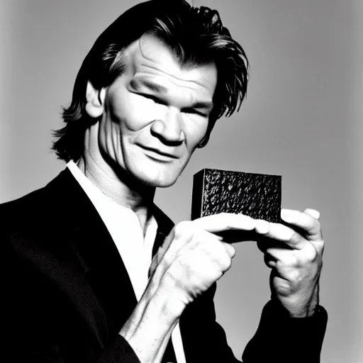 Image similar to patrick swayze eating a cola cube, photograph,