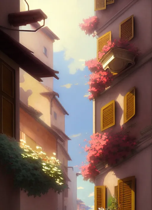 Prompt: florence italy in 1 8 2 0, a nightingale bird sits on a lamp - post at dawn, flowers in window boxes, finely detailed perfect art, gapmoe yandere grimdark, trending on pixiv fanbox, painted by greg rutkowski makoto shinkai takashi takeuchi studio ghibli