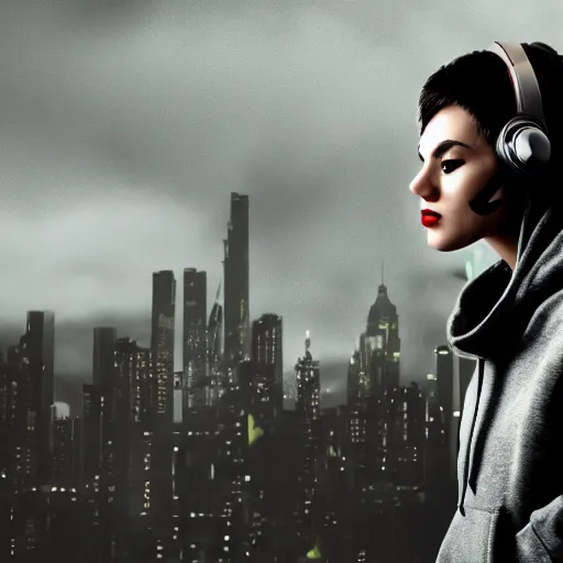 Image similar to dark future cyberpunk steampunk city woman wearing headphones short hair funky haircut wearing a hoodie with a rainy city in the background cloudy sky