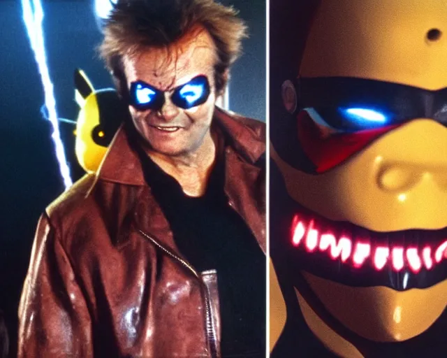 Image similar to Jack Nicholson plays Terminator Pikachu cyborg hybrid wearing leather jacket and his endoskeleton is visible his eye glows red, walking out of flames