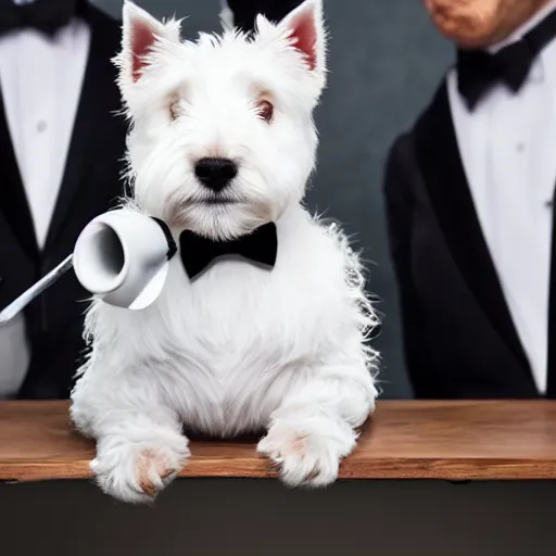 Prompt: West highland white terrier in a tuxedo drinking Italian espresso