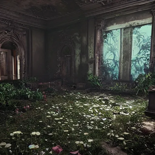 Prompt: abandoned garden inside a dark mansion, dead flowers, realistic, highly detailed, hd, unreal engine, background of resident evil game, guillermo del toro