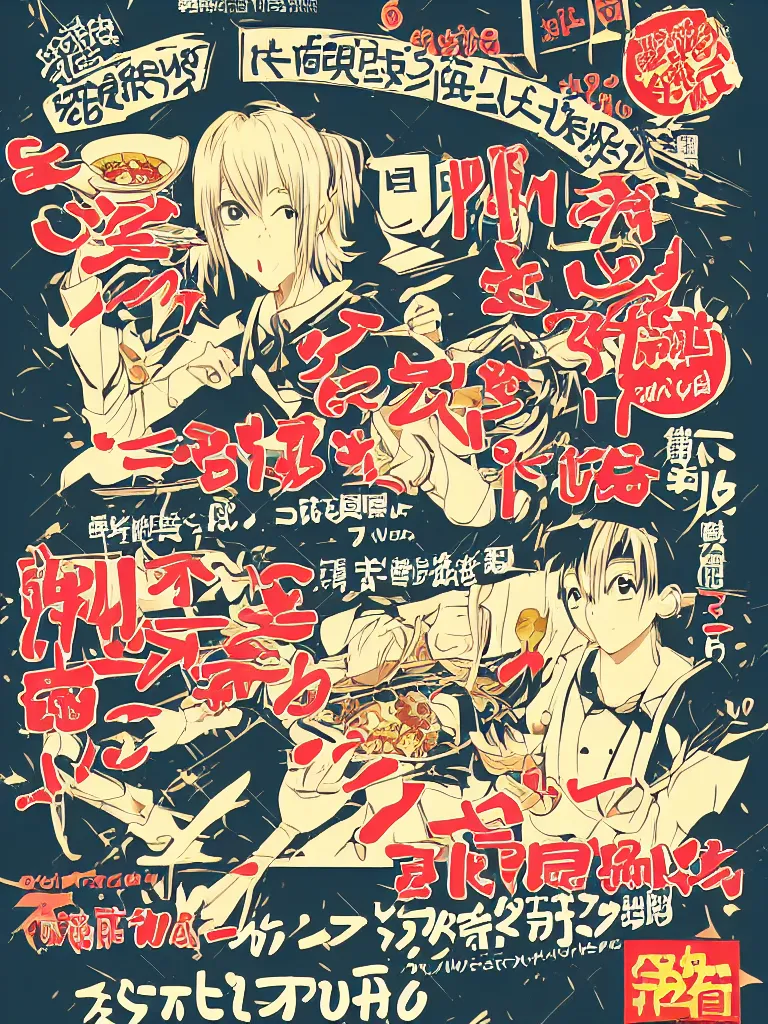 Prompt: poster advertisement for a restaurant, japanese anime graphics illustration, stylish typography
