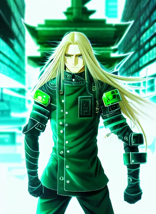 Image similar to a detailed manga full body portrait illustration of a man with long blonde hair and blue eyes wearing cyberpunk jade green battle gear by hirohiko araki, detailed artwork, realism, 4 k resolution, detailed, high quality, sharp focus, hq artwork, insane detail, volumetric lighting, character concept art, fine details, clear subject, central subject