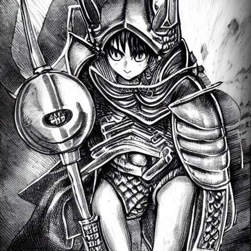 Image similar to Baby Kitten as a knight, highly detailed, black and white, manga, art by Kentaro Miura