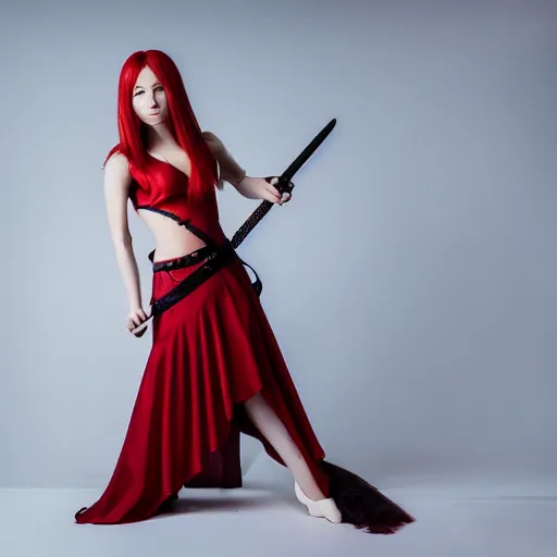 Image similar to dslr photo of beautiful erza scarlet wearing a elegant dress, standing holding a katana that is very detailed, portrait photo, real photo, real camera, extreme detailed face and body, high quality, moody lighting, fast paced lines, sharp quality, enchanting lighting, 8 k