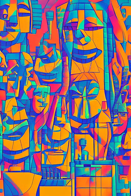 Image similar to cubist moai statue cutout digital illustration cartoon colorful beeple