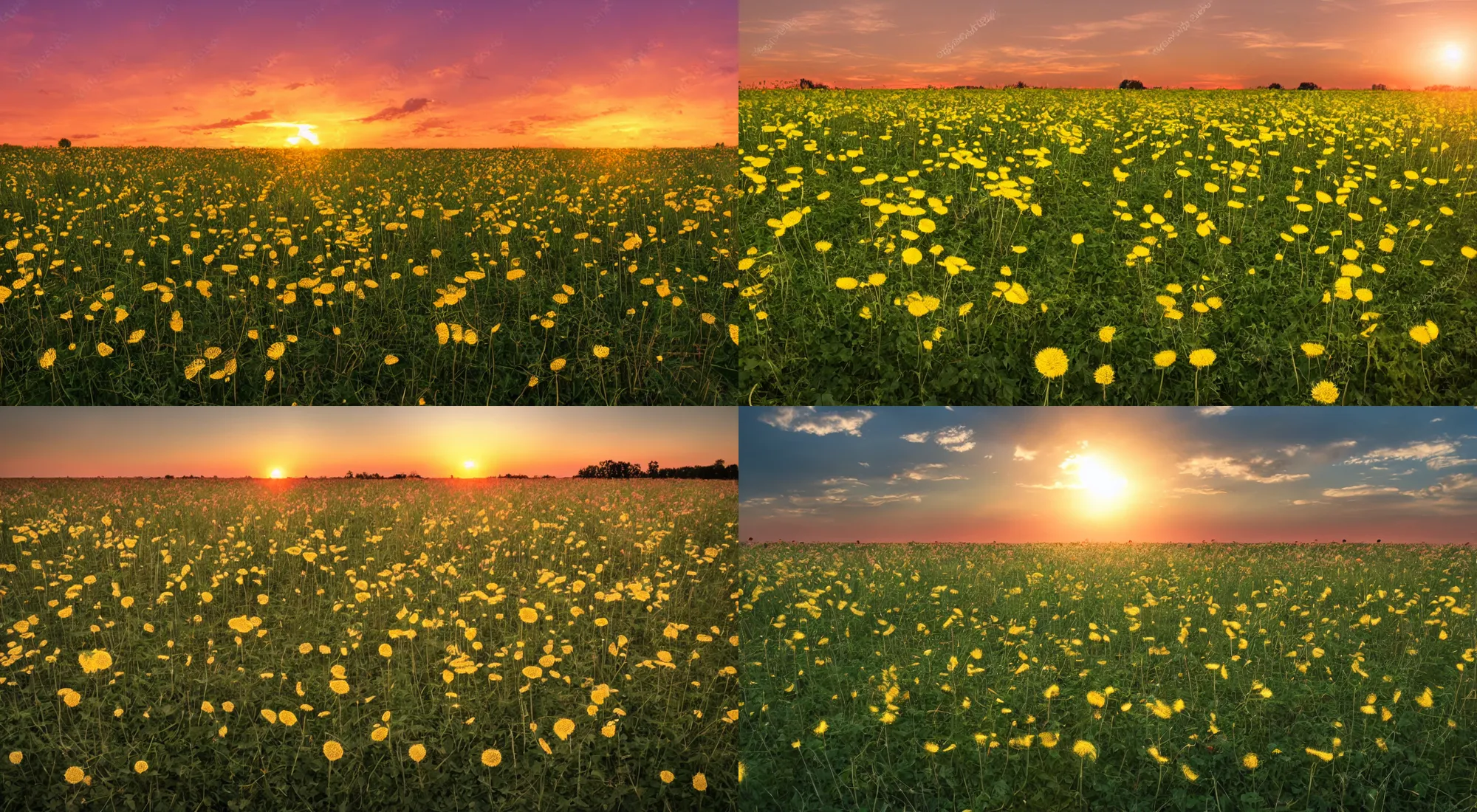 Prompt: Dandelions in the sunset on a field filled with roses