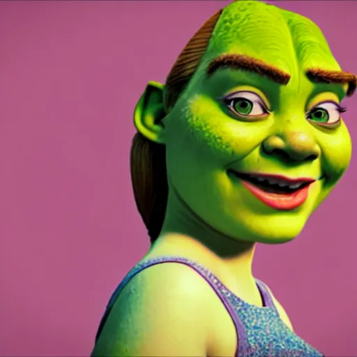 Image similar to Emma Stone as a female version of Shrek, she has shrek nose, long pointy ears features, with green skin, fully detailed, high quality , 4k , octane render , soft lightening , masterpiece