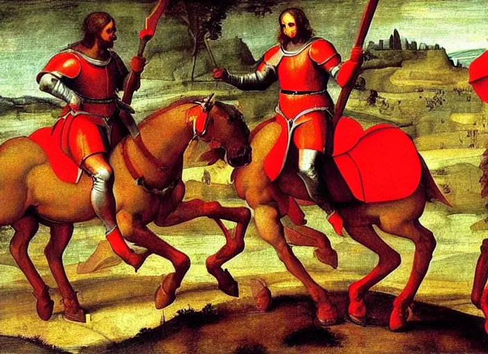 Image similar to a renaissance painting of a war between knights in red armor riding horses and drow warriors riding giant spiders, by raphael, great masterpiece, award winning historic painting, dynamic composition
