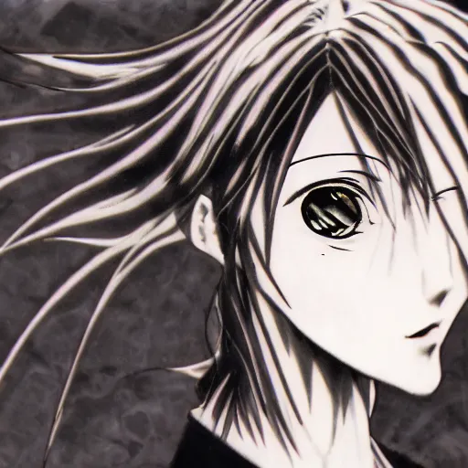 Image similar to yoshitaka amano realistic photo of an anime girl with black eyes, wavy white hair and cracks on her face wearing dress suit with tie fluttering in the wind, abstract black and white patterns on the background, cross earring, noisy film grain effect, highly detailed, closeup portrait shot, weird portrait angle