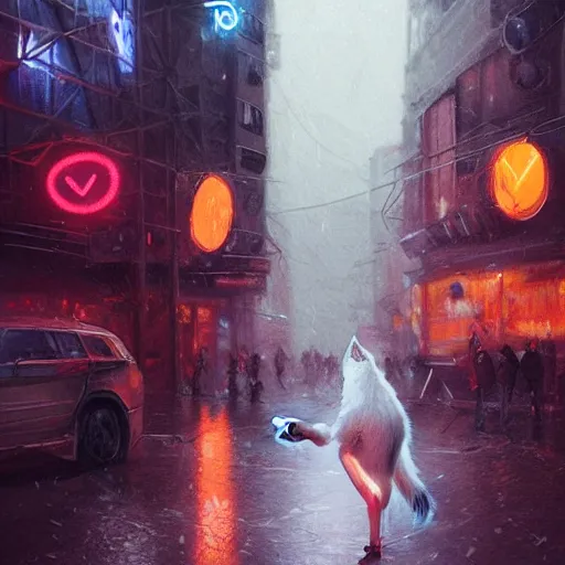 Prompt: white anthropomorphic female vulpes vulpes fulva, long snout, fluffy tail, smoking a cigarette in the rain, in crowded and wet street of a city, cyberpunk, harsh neon lights, highly detailed, digital painting, trending on artstation, concept art, illustration, art by artgerm and greg rutkowski and magali villeneuve