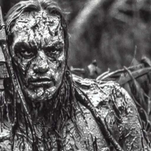 Image similar to film still of viktor orban as major dutch, covered in mud and hiding from the predator predator predator in swamp scene in 1 9 8 7 movie predator, hd, 4 k