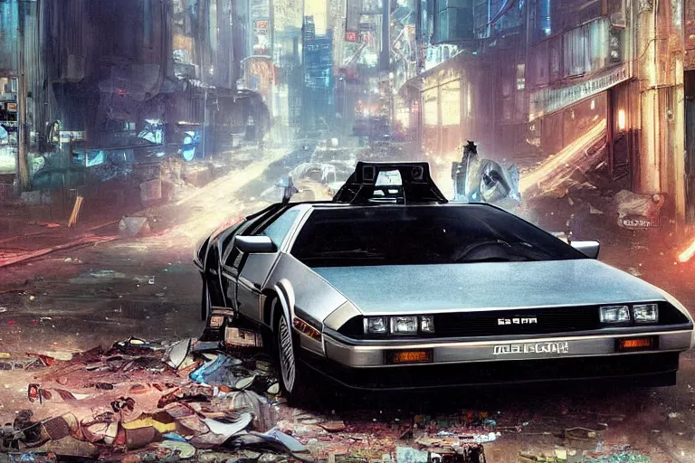 Prompt: photograph of the delorean driving down the streets of a cyberpunk abandoned city, by greg rutkowski, by stanley artgerm, by alphonse mucha