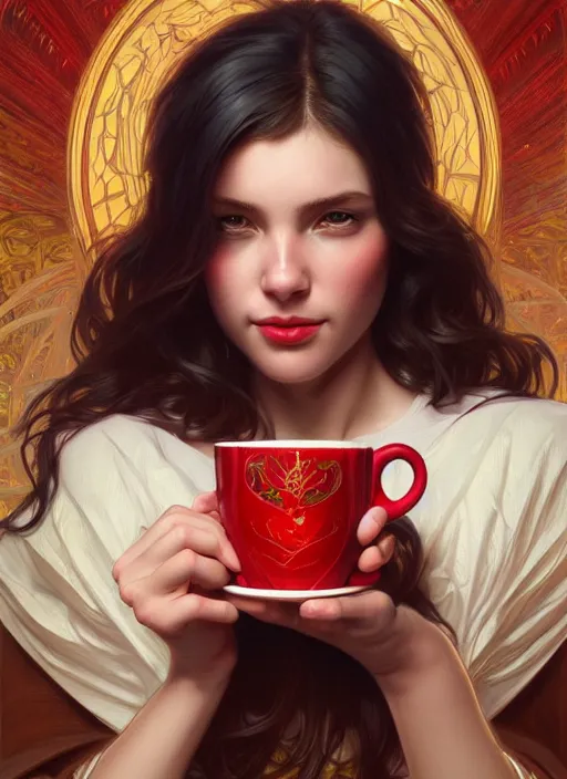 Image similar to perfectly - centered - portrait of a beautiful lady drinking red cup coffee, intricate, highly detailed, digital painting, artstation, concept art, smooth, sharp focus, illustration, unreal engine 5, 8 k, art by artgerm and greg rutkowski and alphonse mucha