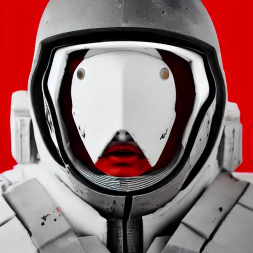 Image similar to portrait of a 5 0 year old soldier wearing blood - spattered glossy sleek white dinged scuffed armor and a long torn red cape, heroic posture, battle - weary, strained expression, determined expression, no helmet, on the surface of mars, dramatic lighting, cinematic, sci - fi, hyperrealistic, detailed