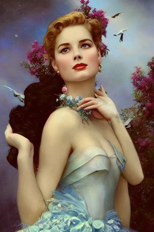 Image similar to A young and extremely beautiful Grace Kelly explaining the birds and the bees by Tom Bagshaw in the style of a modern Gaston Bussière, art nouveau, art deco, surrealism. Extremely lush detail. Melancholic night scene. Perfect composition and lighting. Profoundly surreal. High-contrast lush surrealistic photorealism. Sultry and mischievous expression on her face.