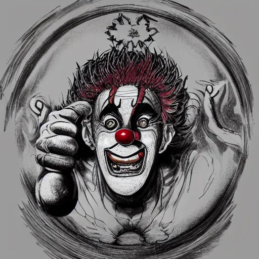 Prompt: 4K headshot of godlike clown with clown nose and defined arms and open hands and bloody clothes with giant mandala wings , intricate runny clown face make-up , flawless anime cel animation by Kentaro Miura, psychedelic , highly detailed upper body , professionally post-processed , beautiful, scary, symmetry accurate features, epic, octane rendered, anime masterpiece, accurate