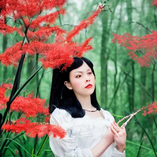 Prompt: black haired girl in victorian clothing surrounded in a forest full of red spider lily flowers on a semi-cloudy day