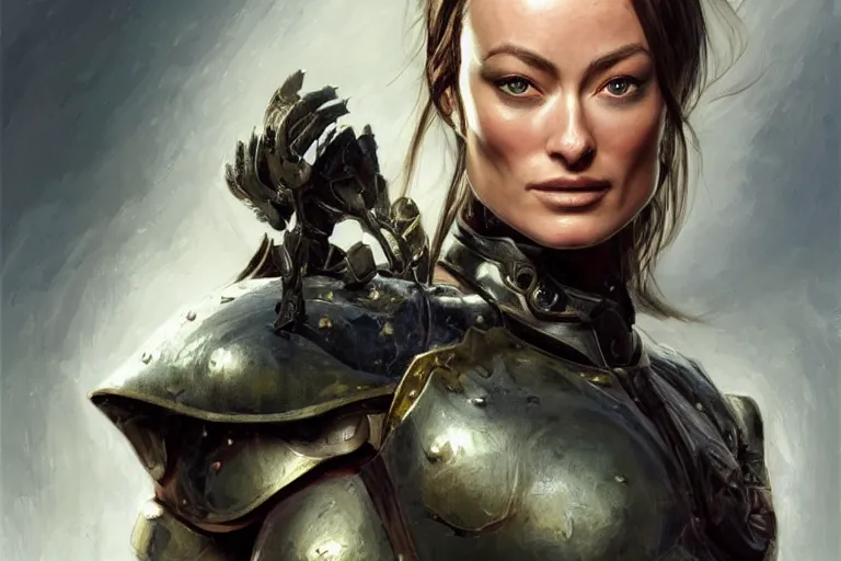 Image similar to a finely detailed portrait of Olivia Wilde, clothed in battle armor, olive skin, long dark hair, beautiful bone structure, symmetrical facial features, intricate, elegant, digital painting, trending on Artstation, concept art, smooth, sharp focus, illustration, from Metal Gear by Ruan Jia and Mandy Jurgens and Artgerm and Greg Rutkowski, award winning