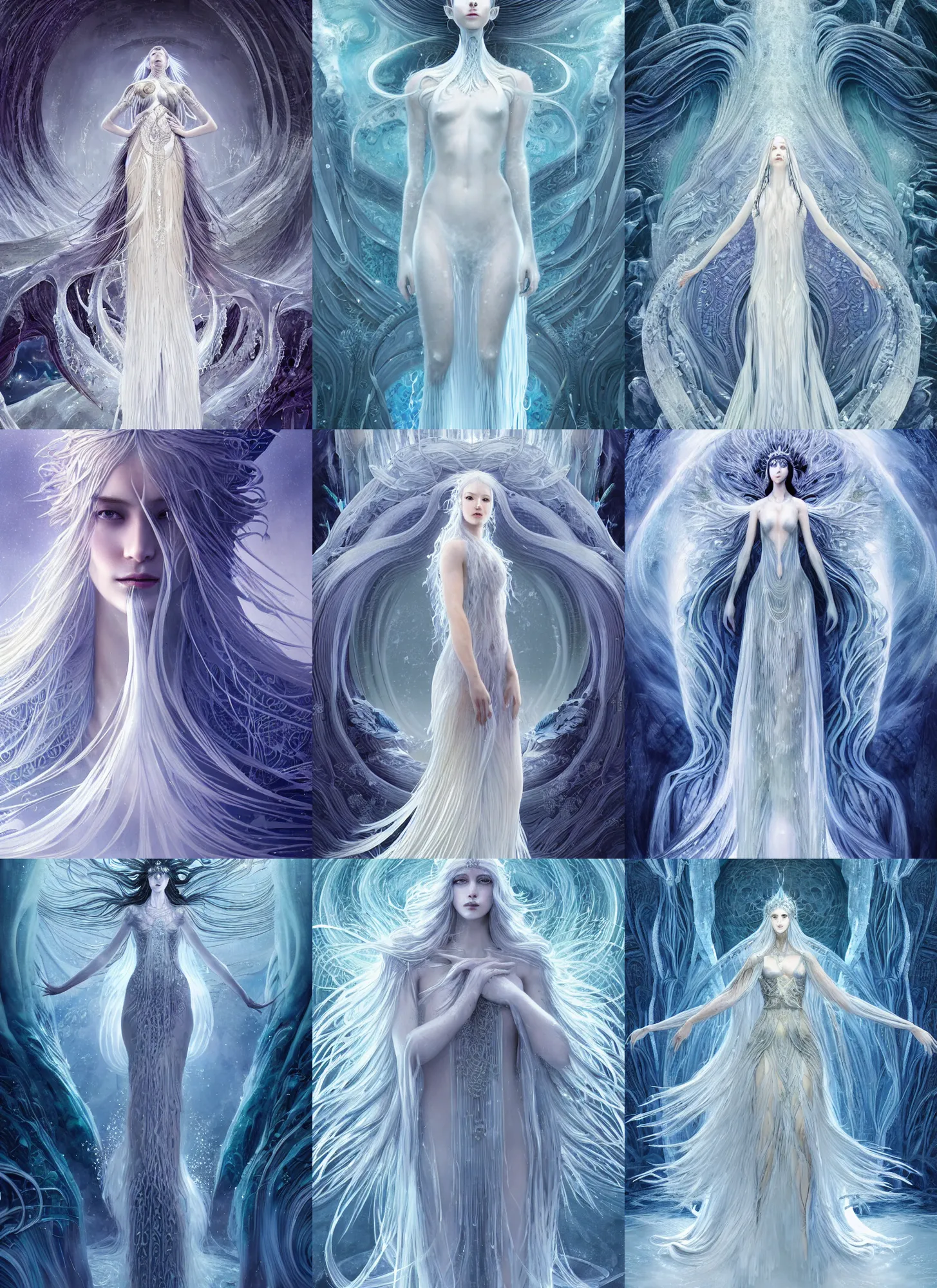 Image similar to goddess made of ice long hair like a waterfall, full body, horizontal symmetry!, elegant, intricate, highly detailed, fractal background, digital painting, artstation, concept art, wallpaper, smooth, sharp focus, illustration, epic light, art by kay nielsen and zeen chin and wadim kashin and sangyeob park, terada katsuya