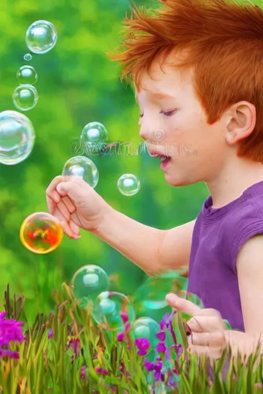 Prompt: a little boy with ginger hair blowing bubbles in a garden. clean elegant simple illustration, beautiful detailed face.