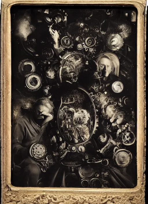 Image similar to old wetplate daguerreotype portrait of creation of time, explosion of data fragments, fractal, intricate, elegant, highly detailed, parallax, leica, medium format, subsurface scattering, portrait, elegant, highly detailed, matte painting, by stanley spencer